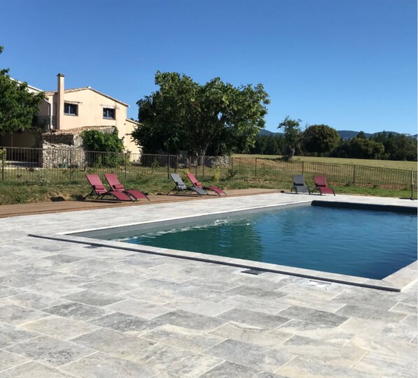 Seasonal outdoor pool, pool loungers