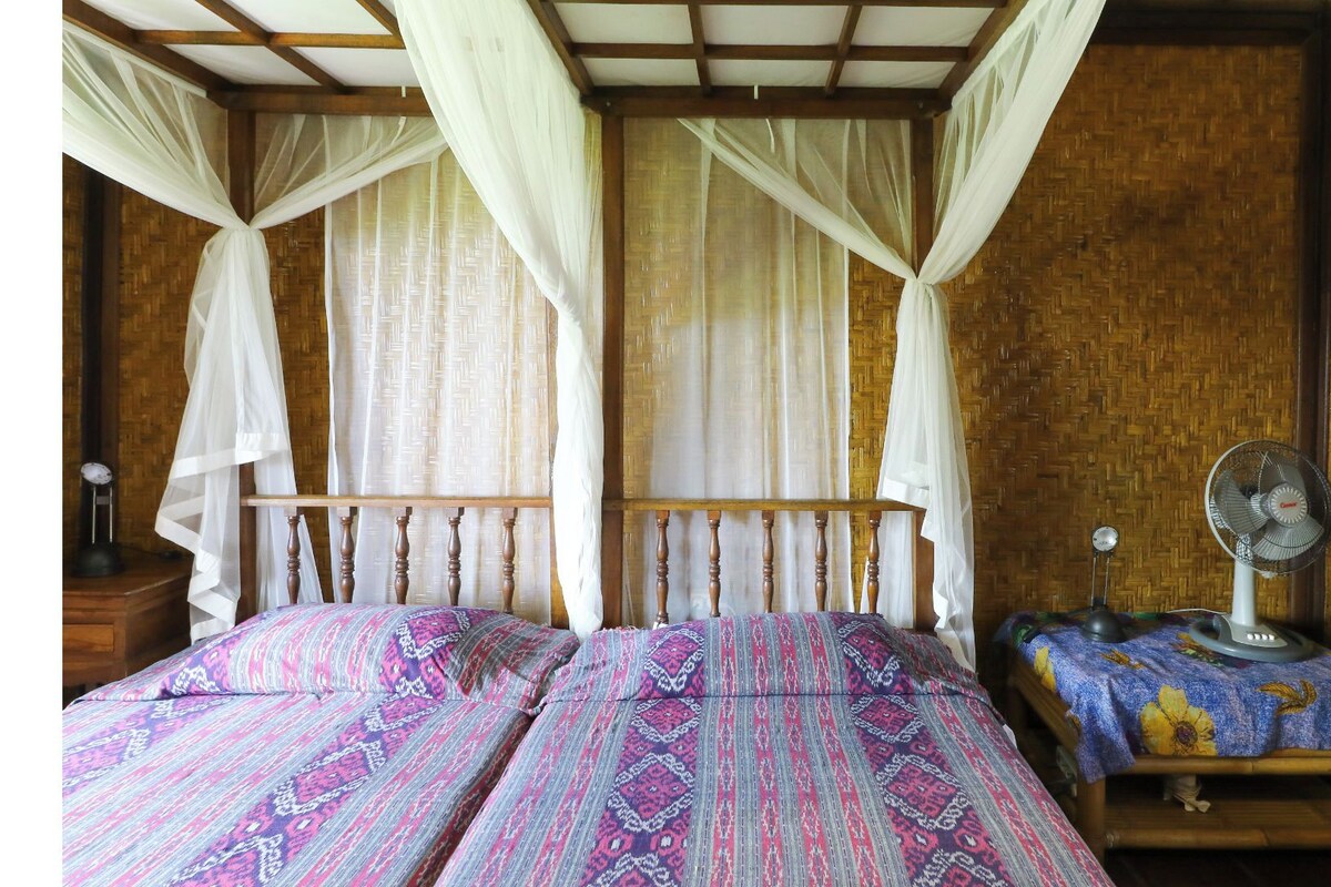 Una habitación con cama, mesita de noche, mesa con ventilador y mosquitero sobre la cama.