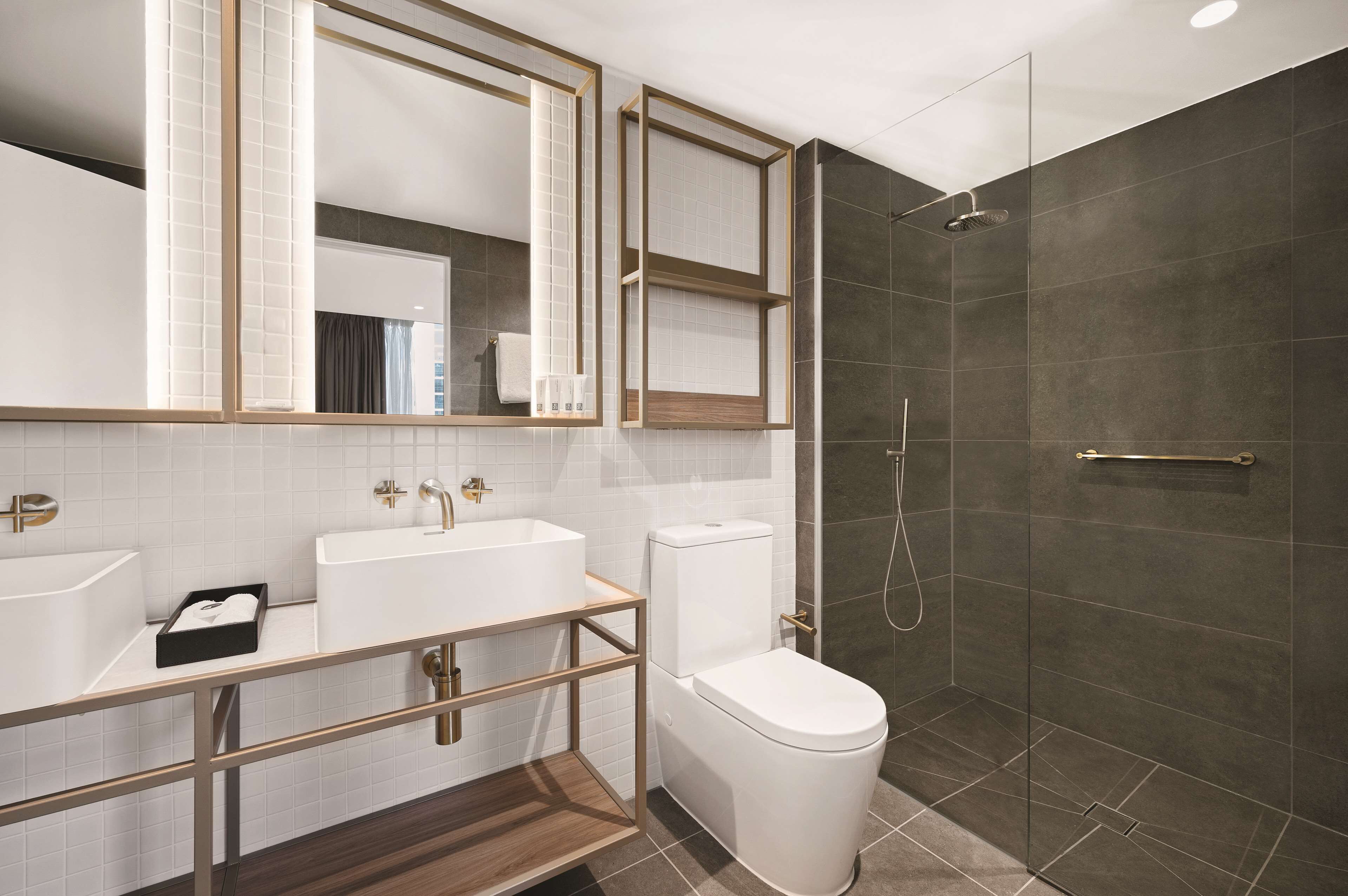 A modern bathroom with two sinks, a toilet, and a glass-enclosed shower.