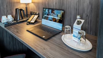 In-room safe, desk, laptop workspace, blackout curtains