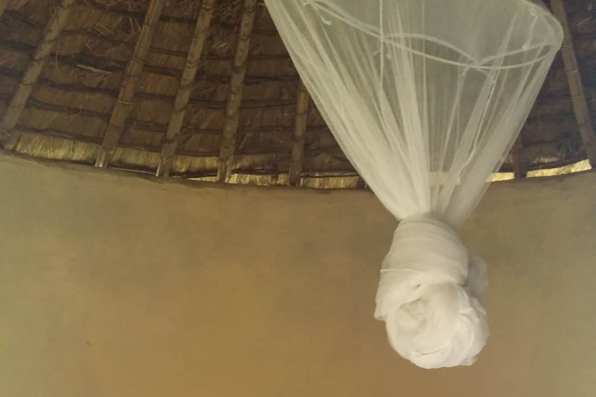 Un lit avec du linge de lit blanc et une moustiquaire suspendue au-dessus.
