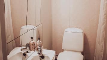 Et lille badeværelse med toilet, vask og spejl.