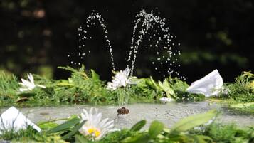 A fountain with water jets in a garden setting.