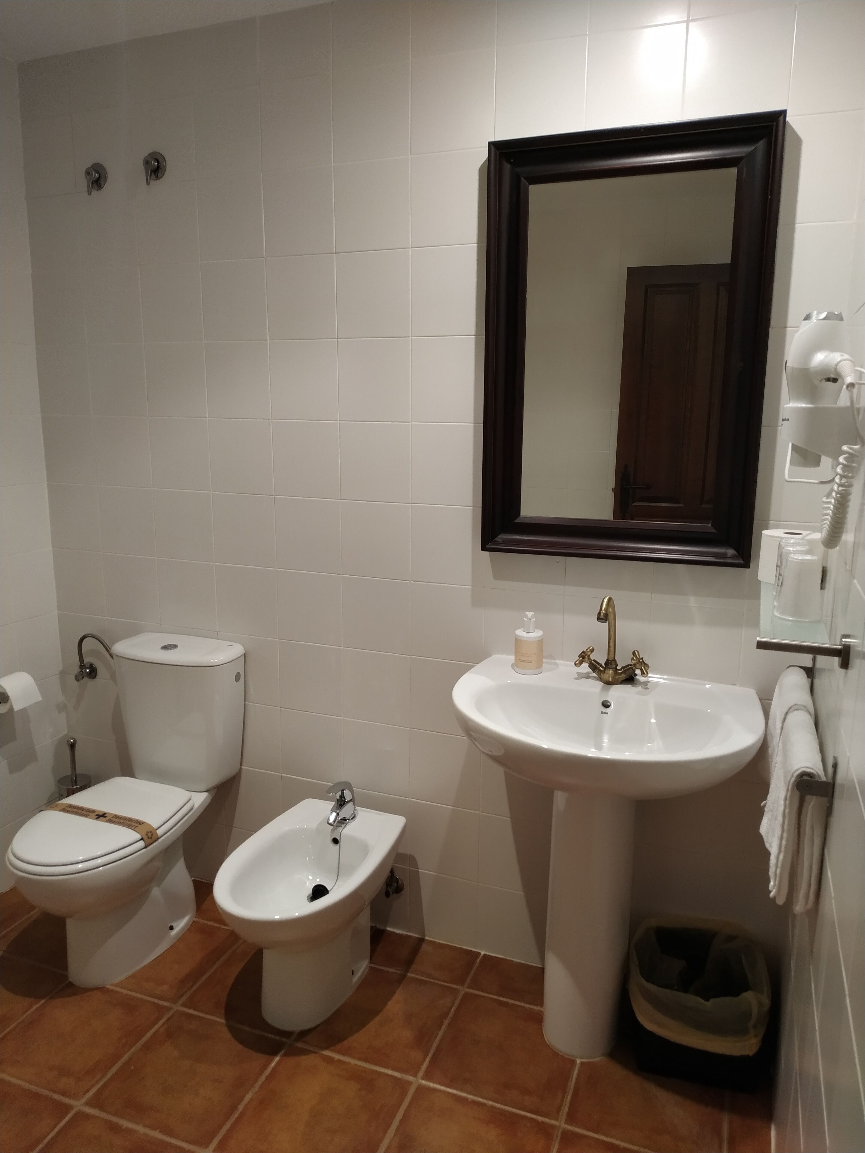Un baño con inodoro, bidé, lavamanos y espejo.