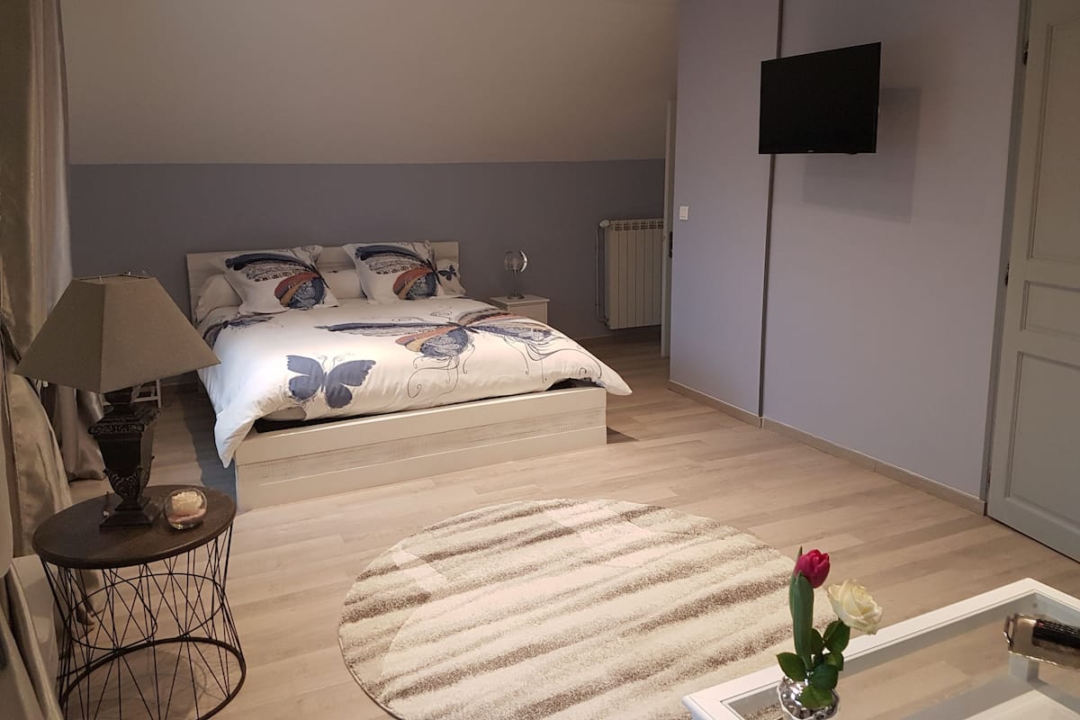 Une chambre à coucher avec un lit, un tapis rond, une petite table avec une lampe, un vase contenant une rose et un téléviseur fixé au mur.