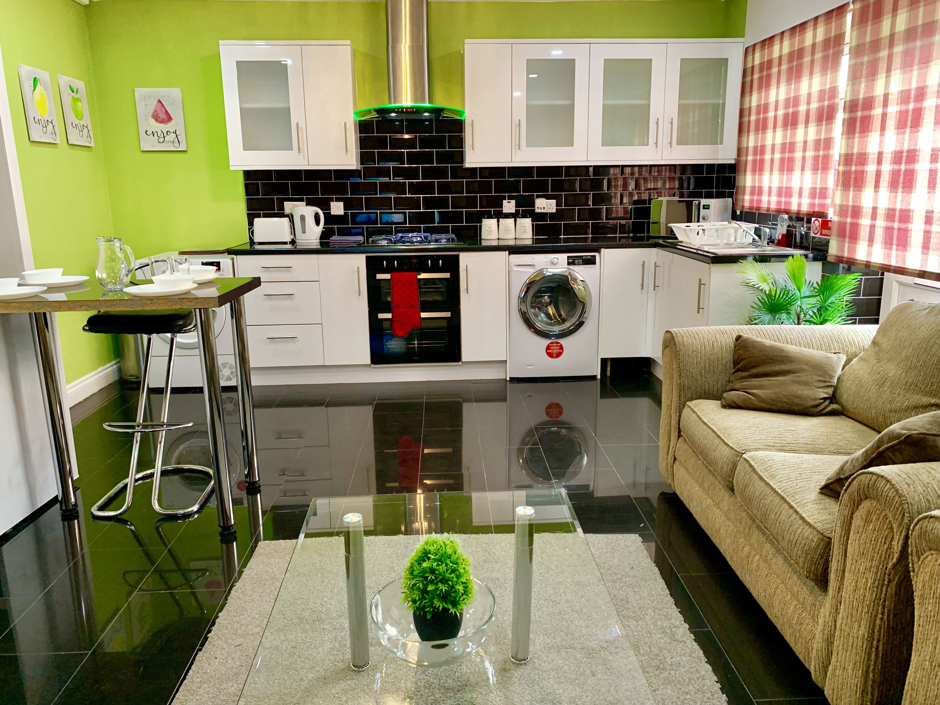 Full-sized fridge, microwave, oven, stovetop