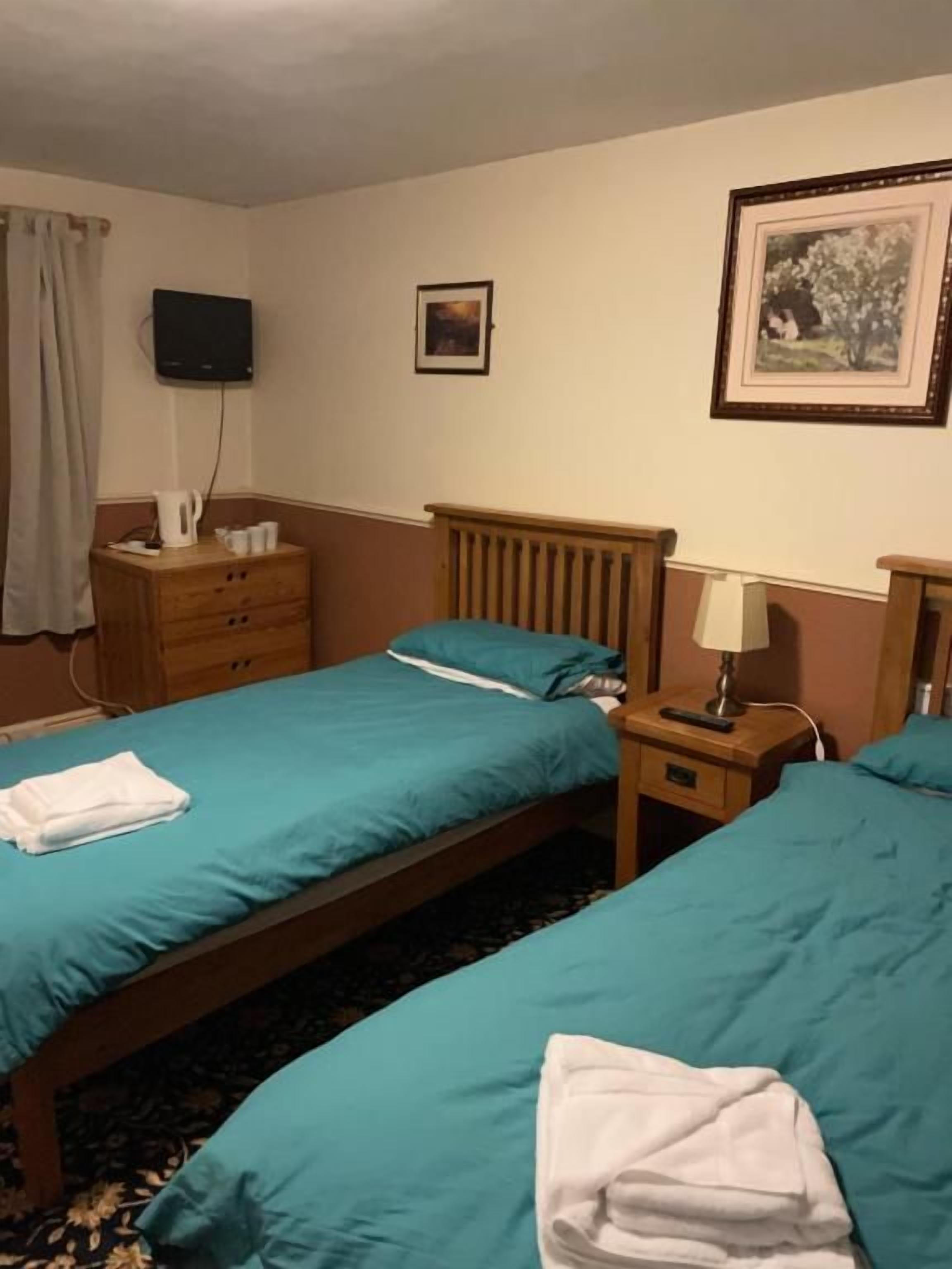 A hotel room with two single beds, a wooden dresser, a television, and a framed picture on the wall.