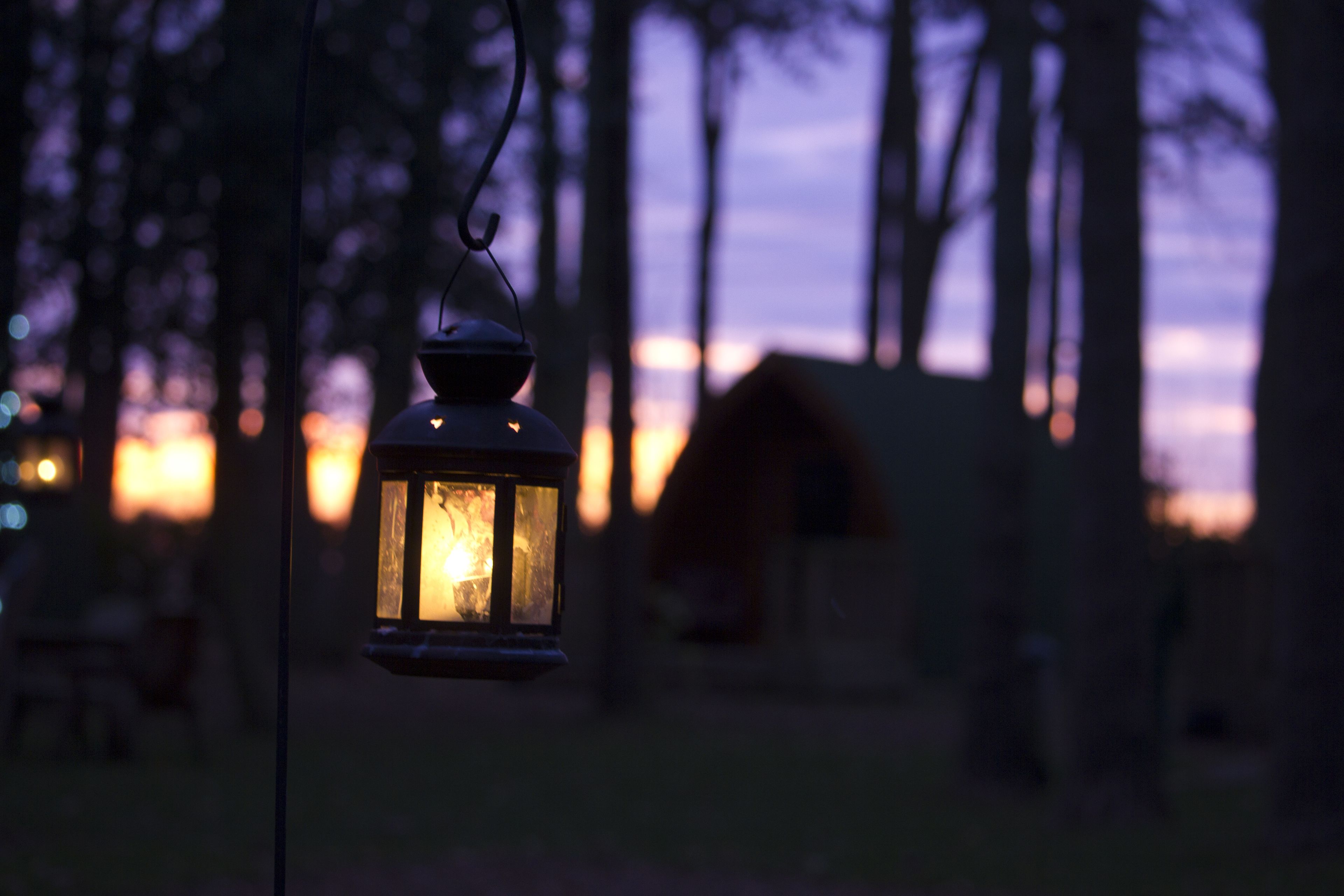A lantern hanging in a forested area with a blurred background of trees and a distant building.