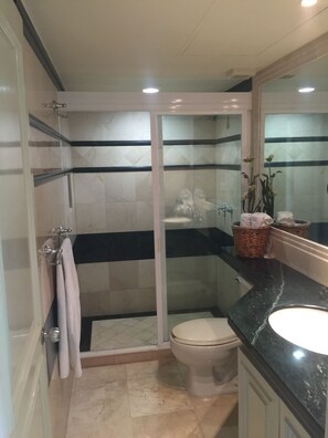 Regadera, toallas, jabón, papel de baño