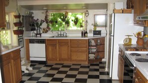 Une cuisine avec un carrelage à motifs, des meubles en bois, un réfrigérateur blanc et des plantes suspendues.