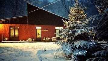 Een gebouw met een rode gevel, grote ramen en een met sneeuw bedekte boom ervoor.