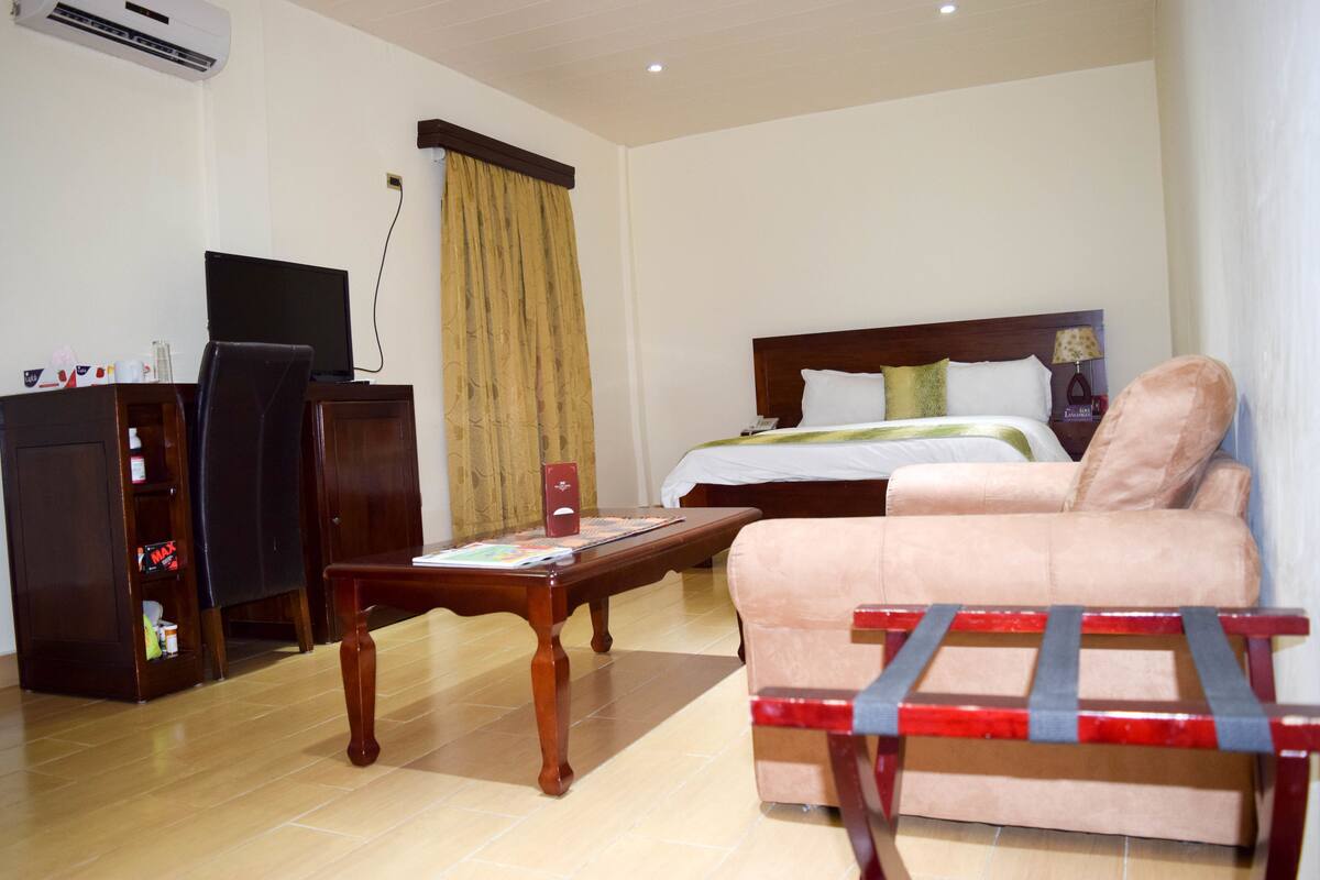 A hotel room with a bed, a sofa, a desk, and a television.