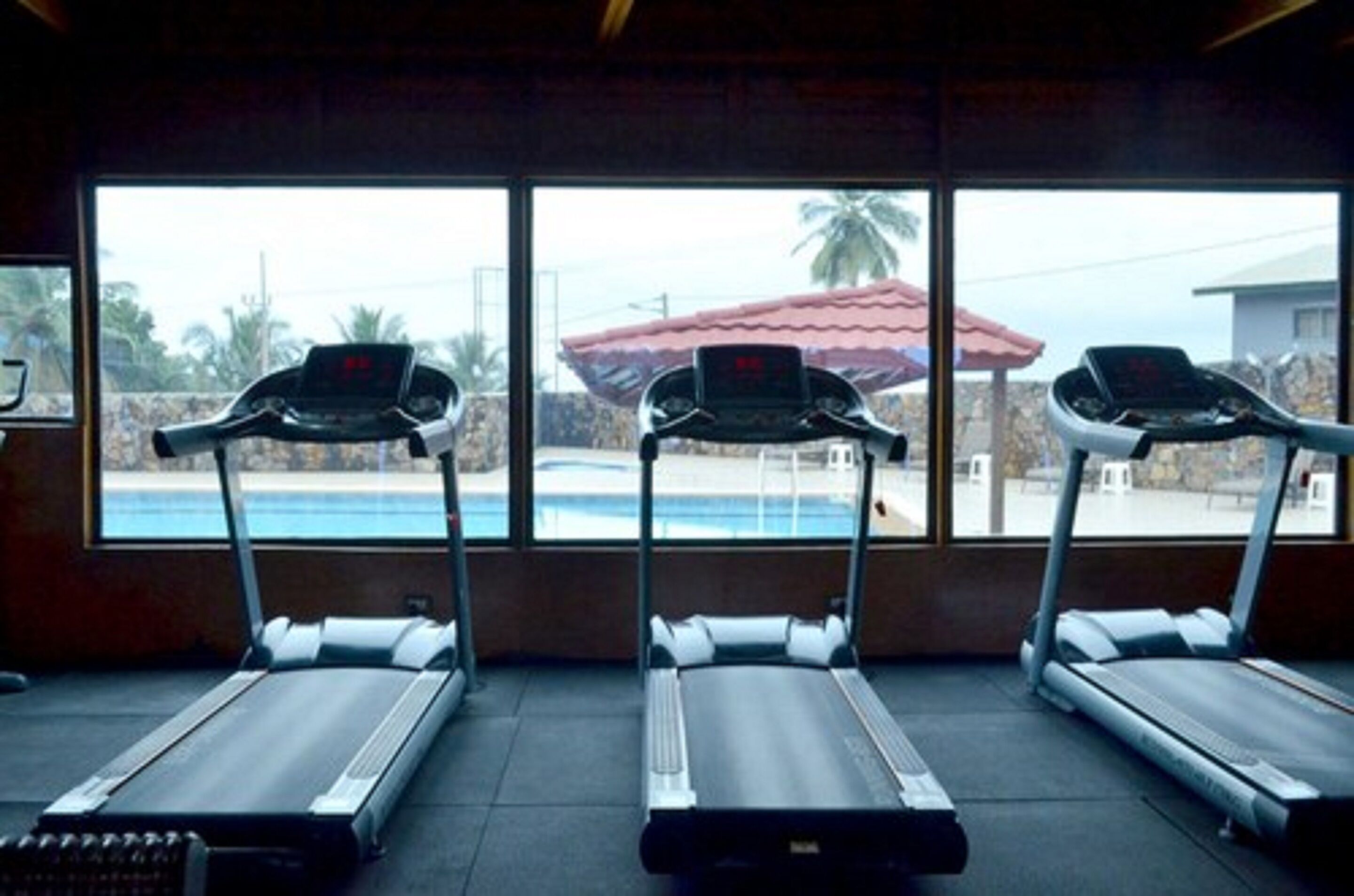 A gym with three treadmills aligned in front of a window overlooking a swimming pool and palm trees.