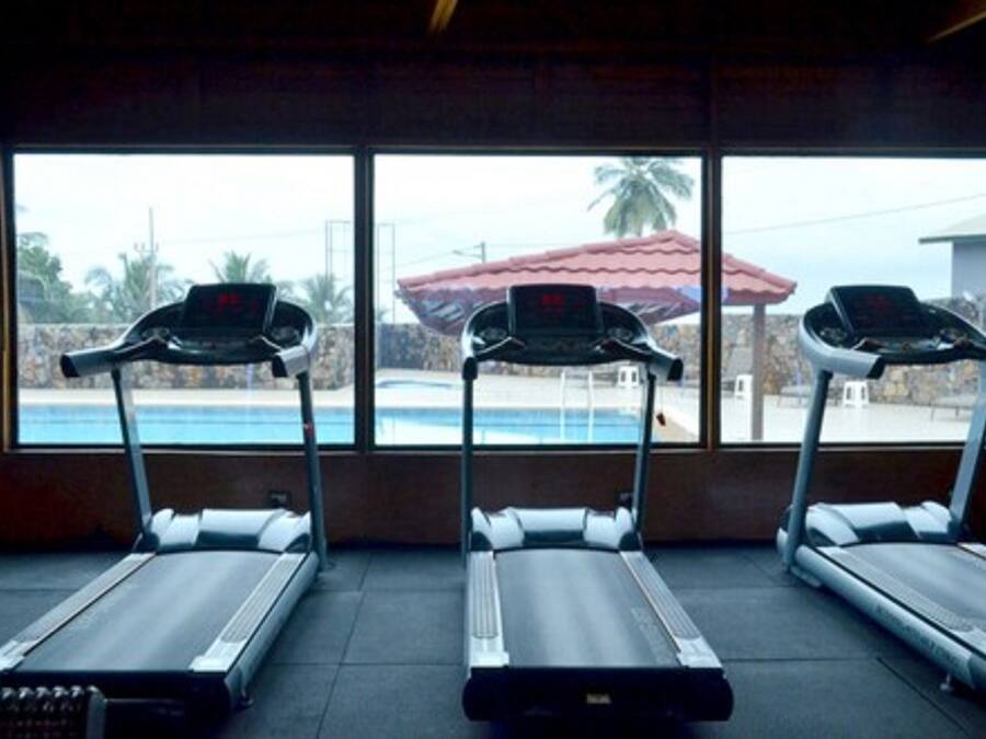 A gym with three treadmills aligned in front of a window overlooking a swimming pool and palm trees.