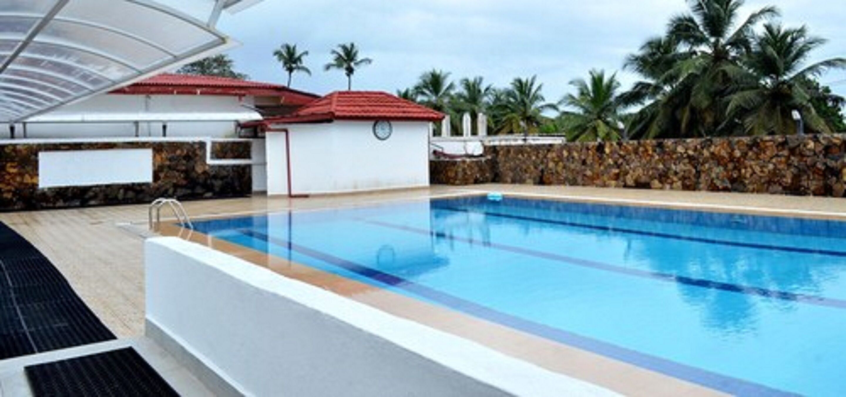 A swimming pool with a clear blue water, surrounded by a stone wall and palm trees.