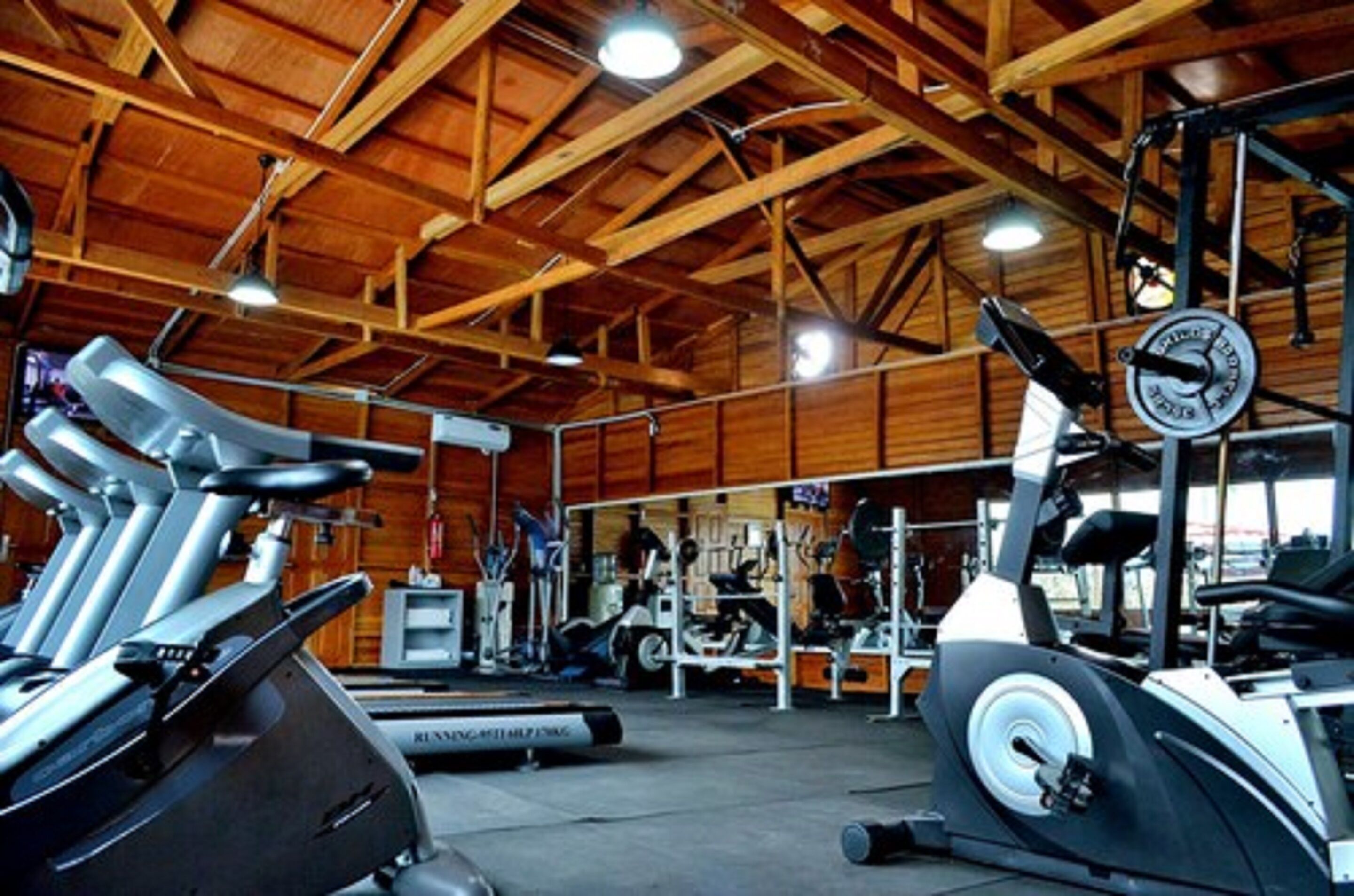 A gym with various exercise equipment, including treadmills and weight machines, under a wooden roof structure.