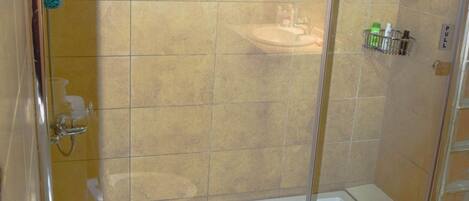 A bathroom with a glass-enclosed shower, a toilet, and a sink.