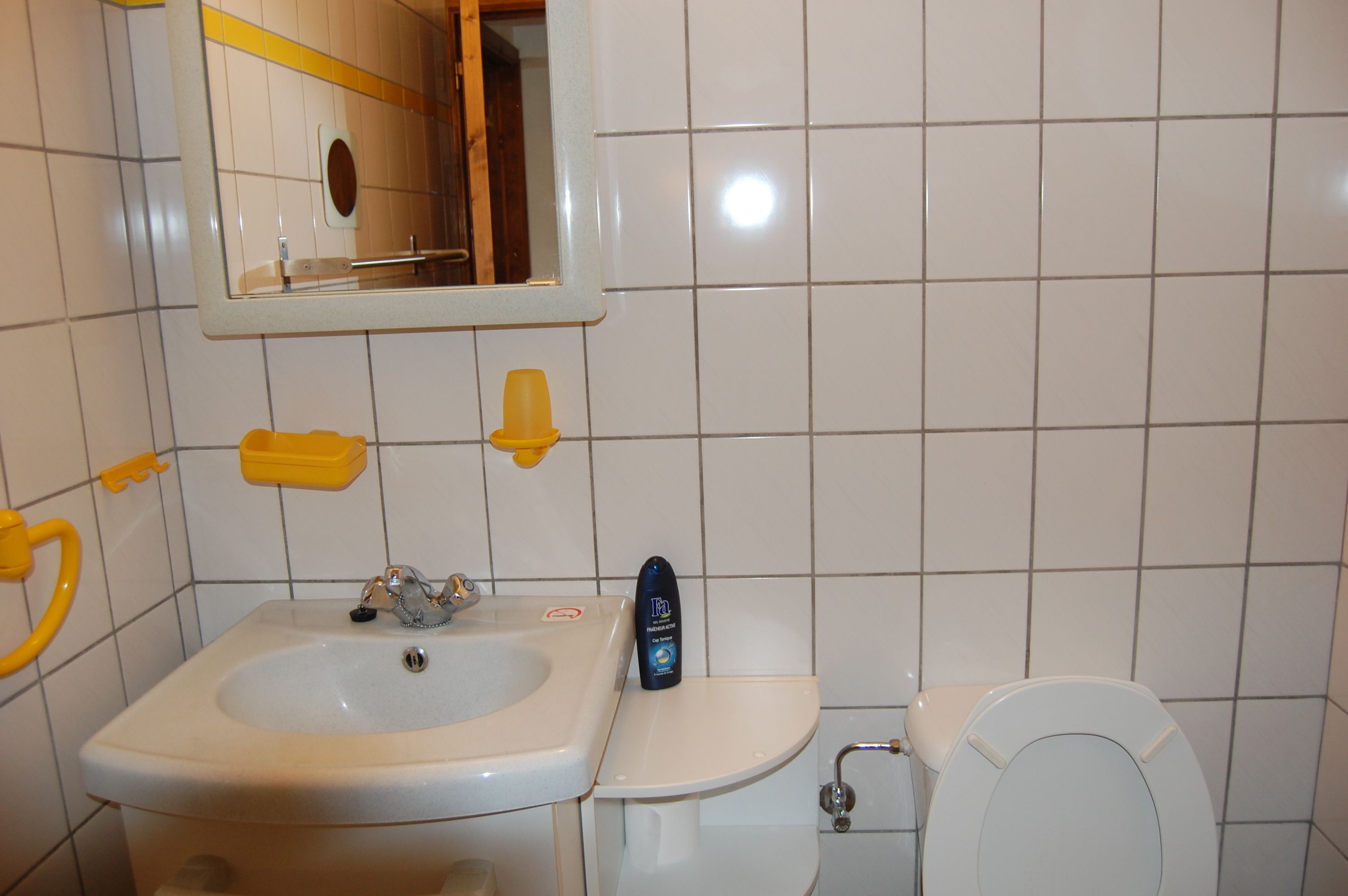 Ein Badezimmer mit einem weißen Waschbecken, einem Spiegel, einer Toilette und einem gelben Seifenspender.