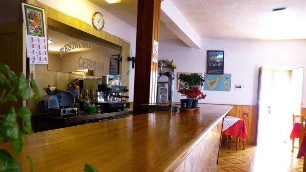 Een restaurantinterieur met een houten toonbank, een espressoapparaat en potplanten.