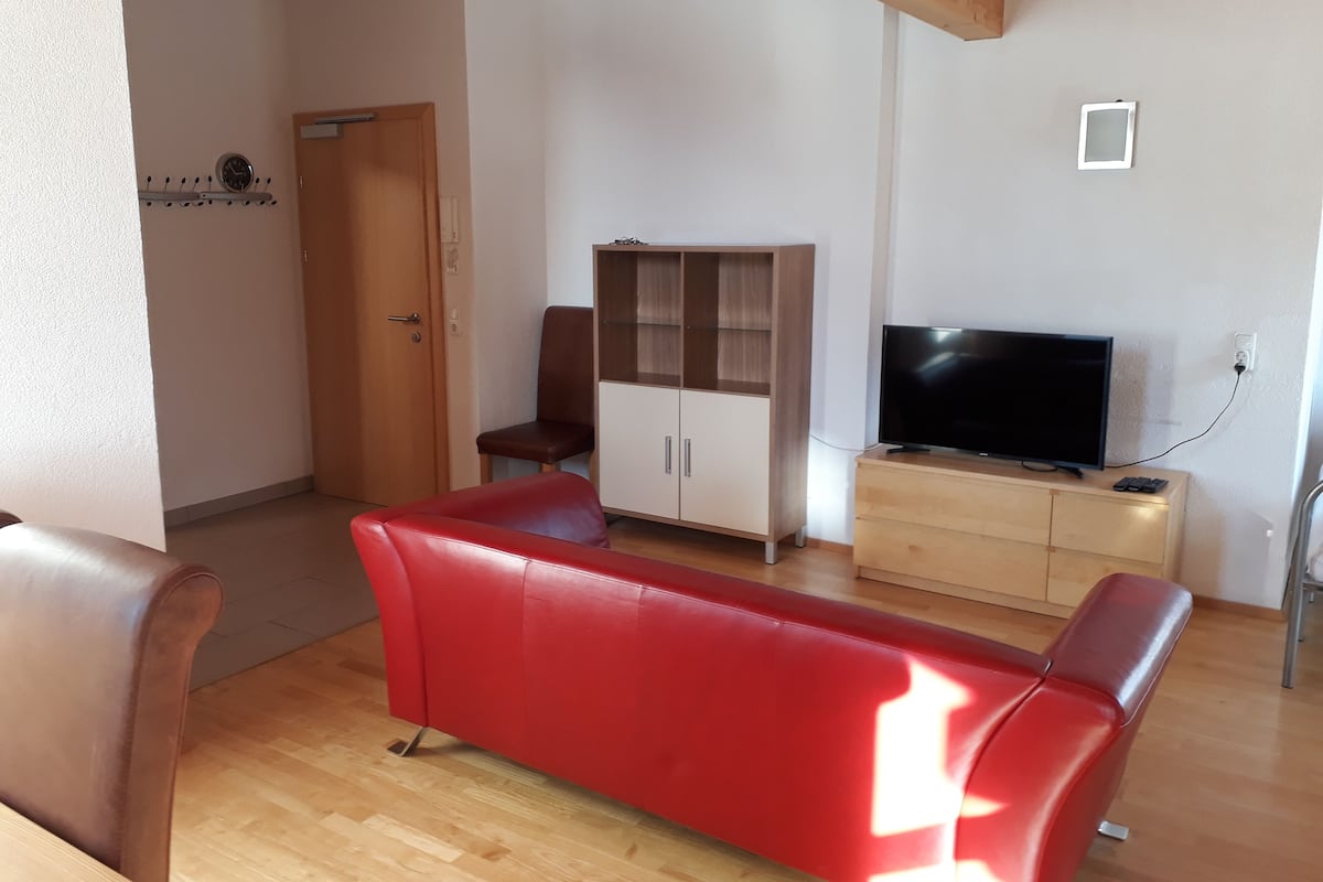 A living room with a red sofa, a wooden cabinet, a television, and a door.