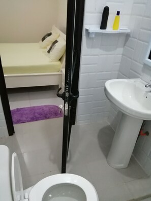 A bathroom with a toilet, a sink, and a bed with a purple rug.