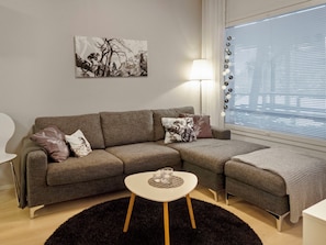 A living room with a grey sofa, a round coffee table, and a black rug.