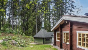 Eine rustikale Holzhütte mit einem grünen Schornstein, umgeben von einem Wald.