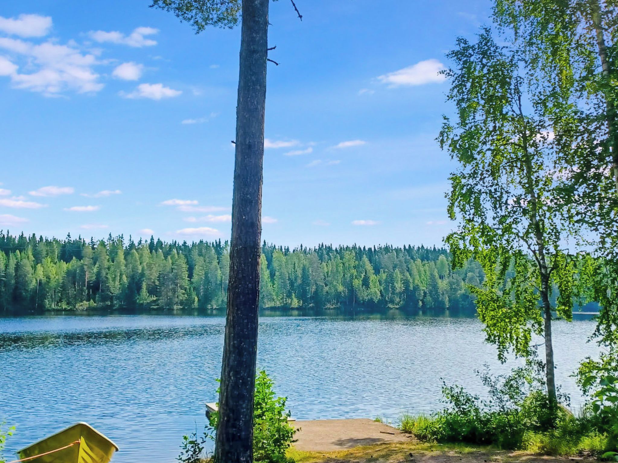 Ein See mit Steg und Boot, umgeben von dichtem Wald und blauem Himmel.