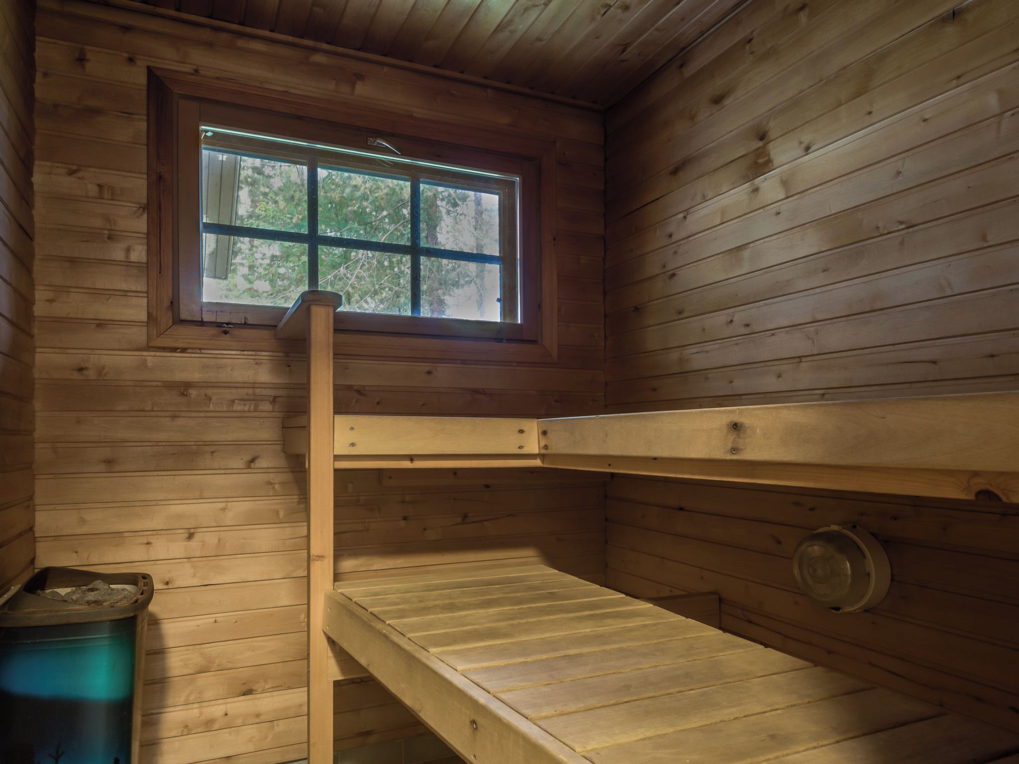 Una cama litera en una cabaña de madera con una ventana encima.