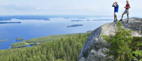 Due persone in piedi su una roccia a picco su una zona boschiva e un lago.