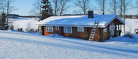 A wooden cabin with a snow-covered roof, a ladder leaning against it, and a clear blue sky in the background.