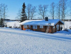 A wooden cabin with a snow-covered roof, a ladder leaning against it, and a clear blue sky in the background.