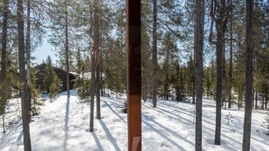 Une forêt enneigée, avec de grands arbres et un chalet visible au loin.