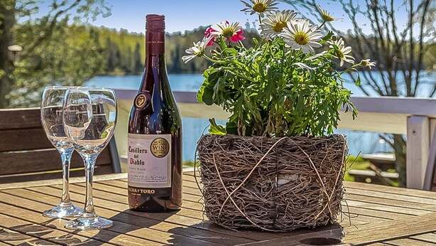 A bottle of Casillero del Diablo wine, two empty wine glasses, and a potted plant with flowers on a wooden table by a lakeside. - Pajaranta by Interhome (Hartola)