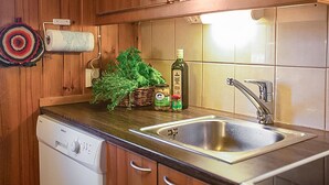 A kitchen with wooden cabinets, a stainless steel sink, a dish rack, a dish soap bottle, and a dish towel. - Pajaranta by Interhome (Hartola)