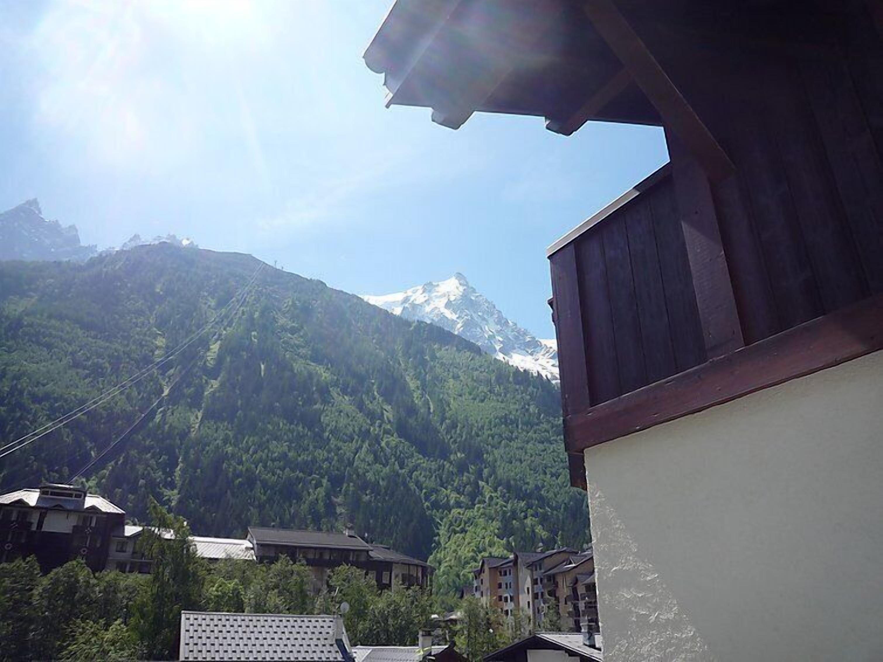 A mountain with a snow-capped peak in the background, surrounded by lush greenery.