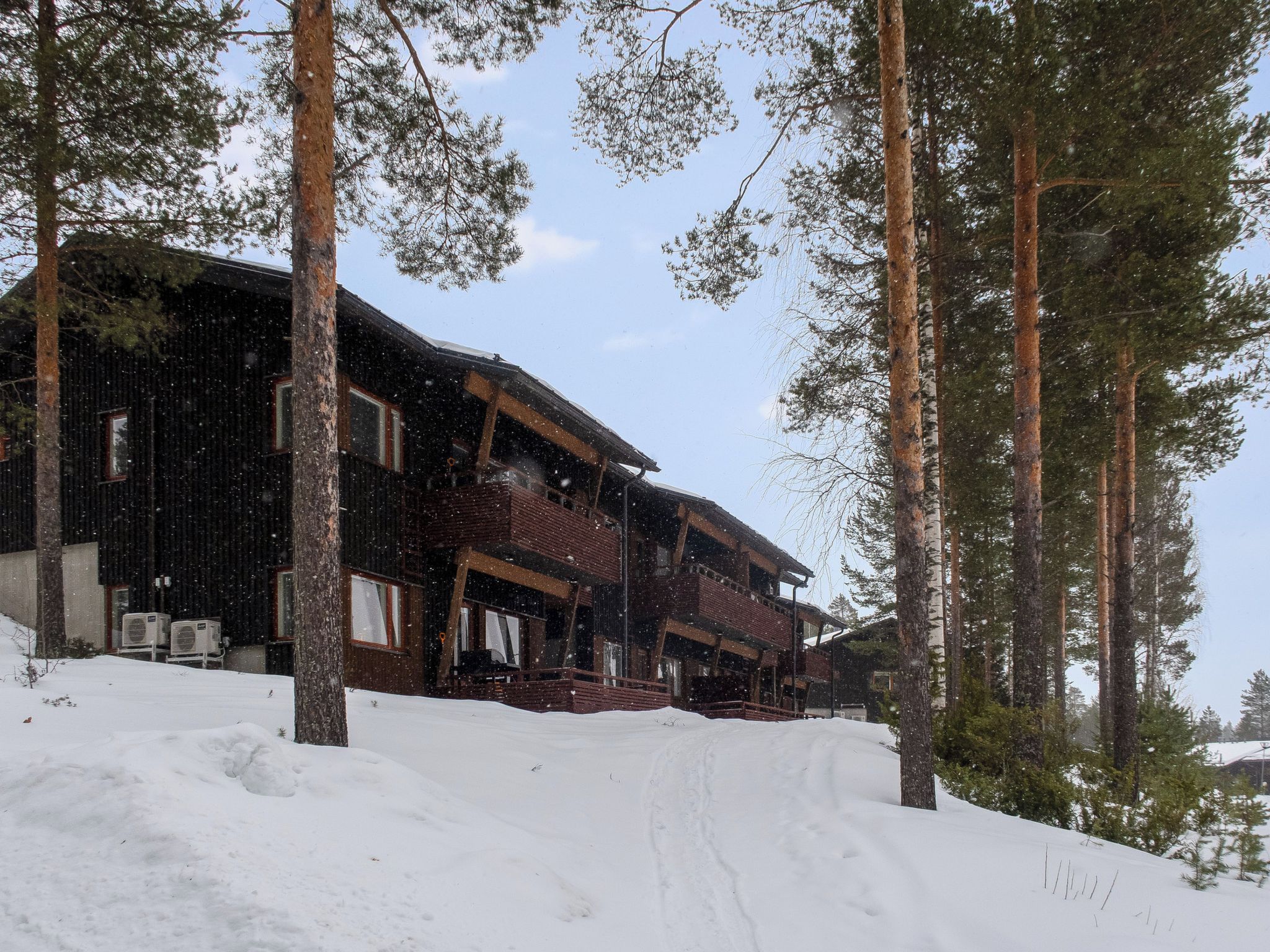 Una cabaña de madera con porche, rodeada de altos pinos cubiertos de nieve.