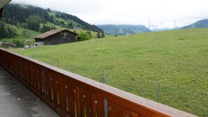 Blick von einem Balkon auf ein grünes Feld mit Holzzaun und einem ländlichen Gebäude in der Ferne.