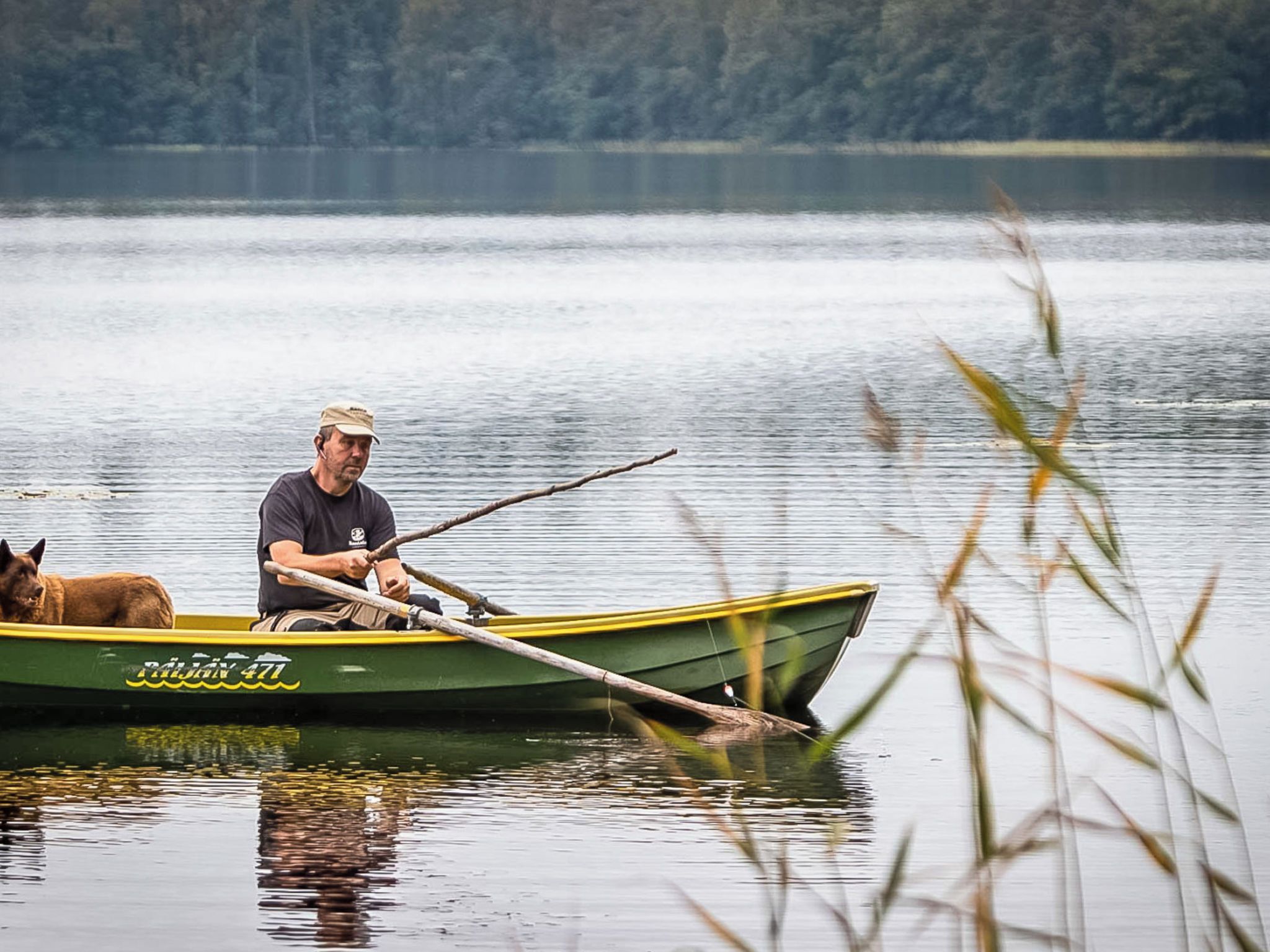 Mies vihreässä veneessä, koira mukanaan, tyynellä vedellä ja taustalla näkyy puita.