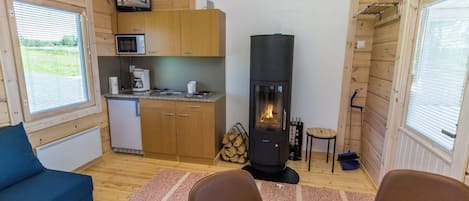 Ein kompakter Wohnbereich mit Küchenzeile, Kamin, Fernseher und einer Uhr.