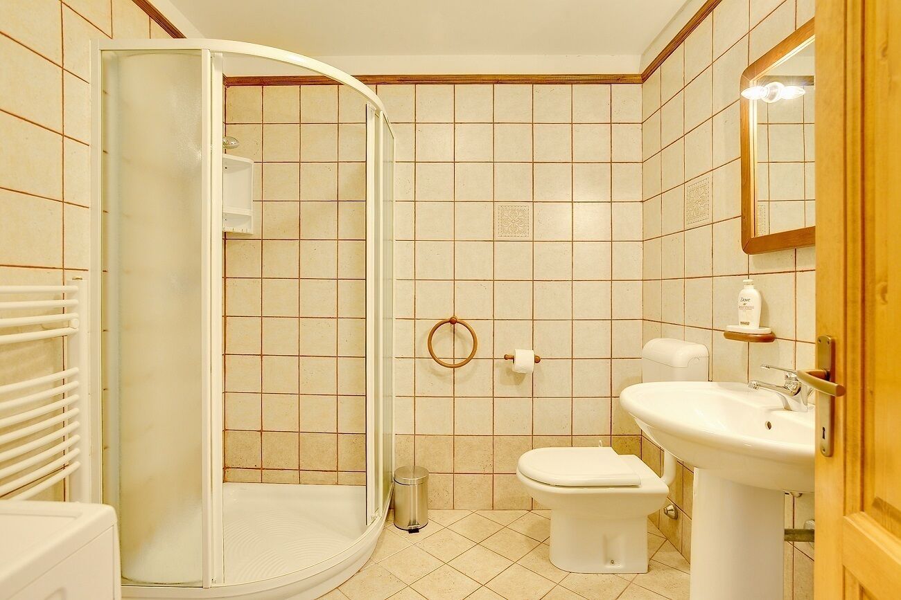 Une salle de bain équipée d’une douche, de toilettes, d’un lavabo et d’un miroir.