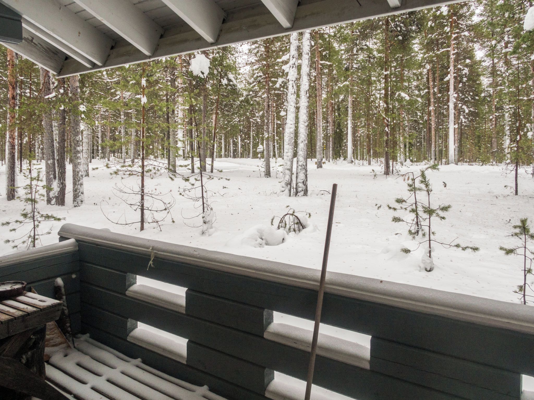 En træterrasse med udsigt over en snedækket skov.