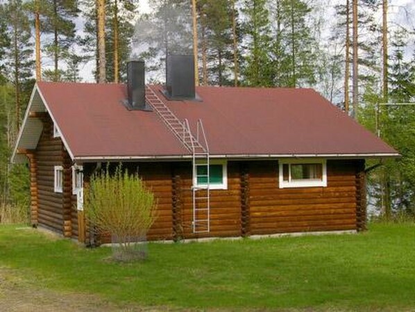 A log cabin with a red roof, a chimney, and a ladder leading to the roof. - Kettupirtti by Interhome (Juva)