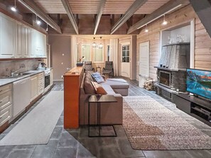 A spacious living area with a kitchen, a fireplace, and a television.
