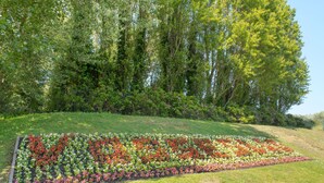Un giardino curato con una varietà di fiori colorati e una zona erbosa.