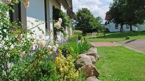 A building with a white facade, a garden with various plants and flowers, and a paved pathway. - Hiddensee by Interhome (Dargun)