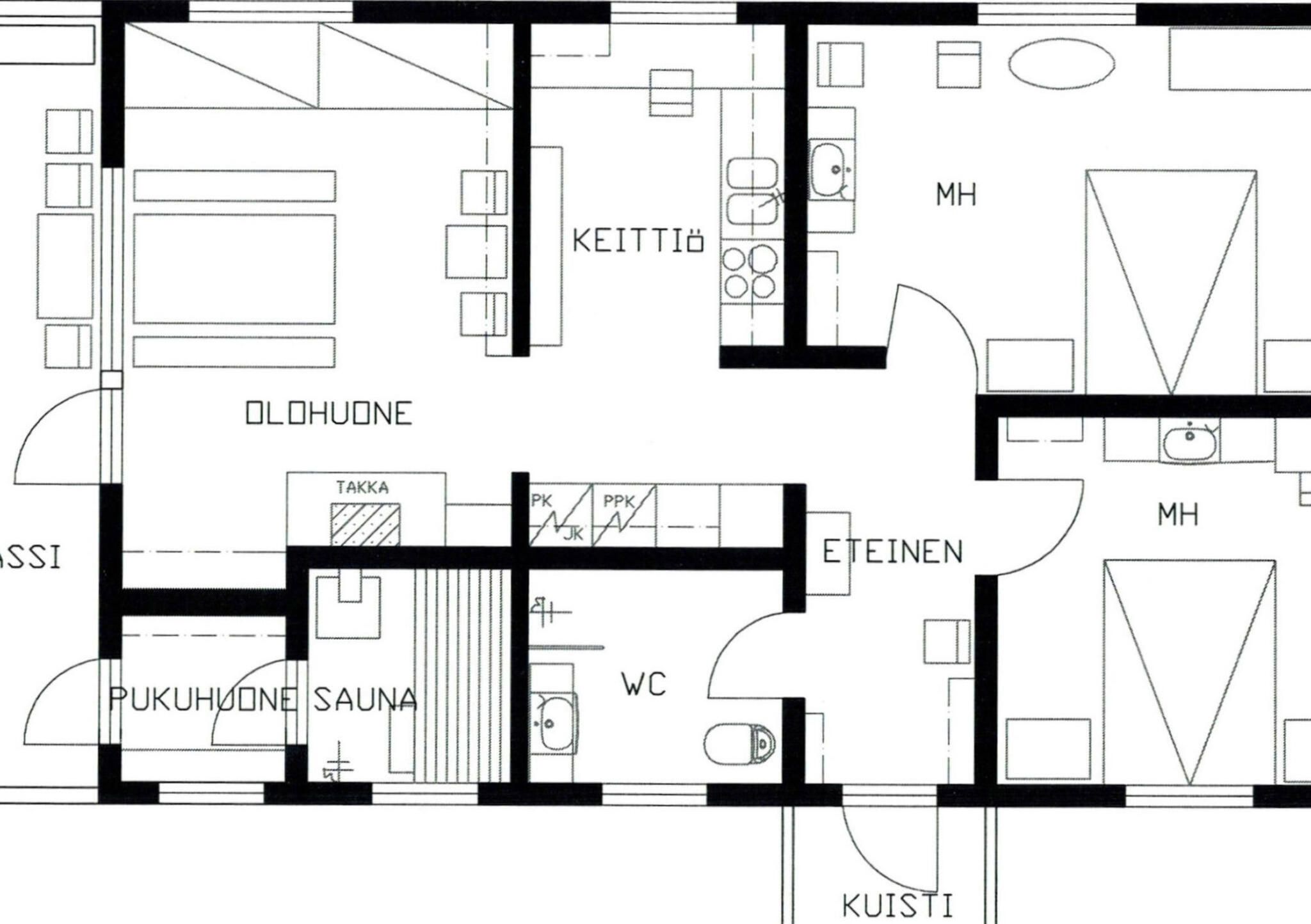 A floor plan with multiple rooms including a kitchen, living area, and a sauna.