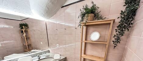 Une salle de bain moderne avec un lavabo en granit, un meuble-lavabo en bois, un miroir et une petite étagère ornée d’une plante.
