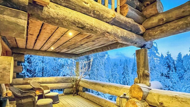 A wooden deck with a view of snow-covered trees.
