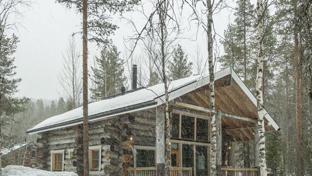 A log cabin with a porch and large windows, surrounded by trees and snow. - Kotkanpesä by Interhome (Kittilä)